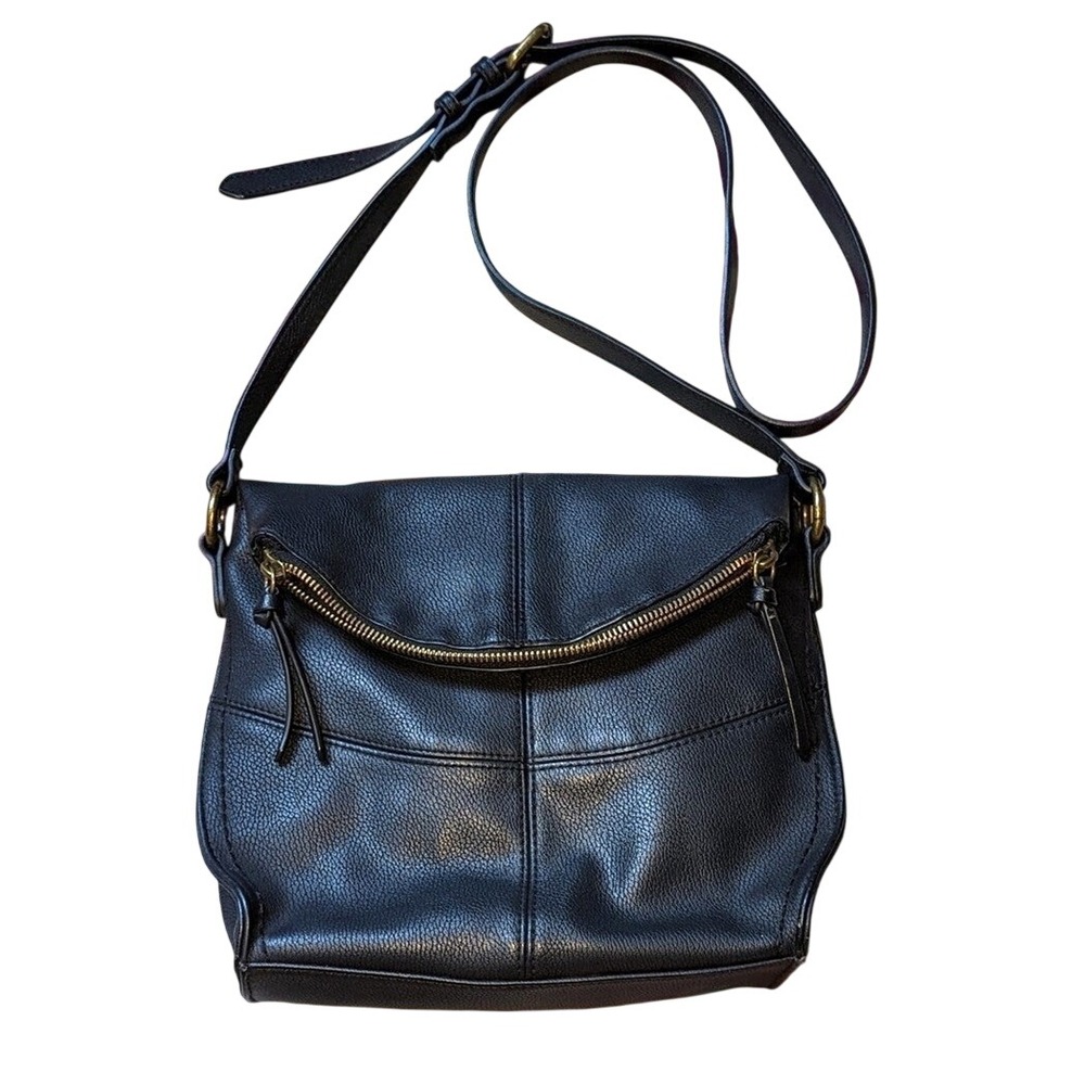 Minimalist‎ Faux Leather Crossbody Black Foldover  Purse Bag Gold Zipper Sonoma
